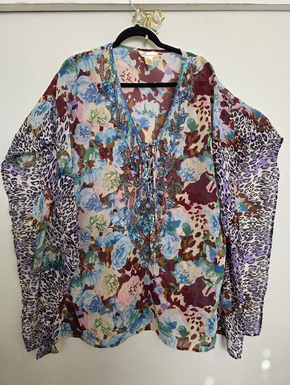 Lucky & Coco Floral Leopard Print Beaded Swim Batwing Kimono Sz M
